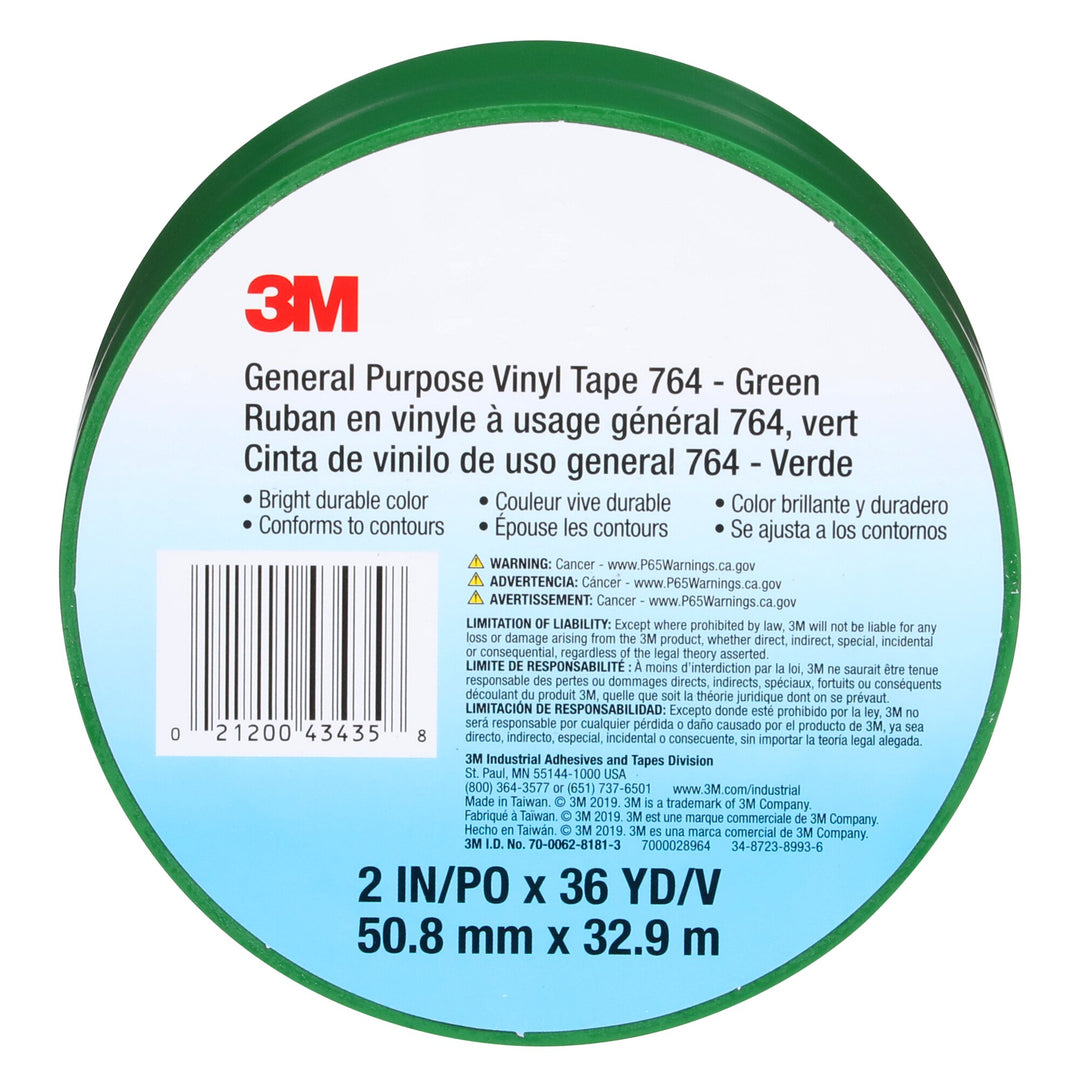3M General Purpose Vinyl Tape 764, Green, 3 in x 36 yd, 5 mil, 12 Roll/Case