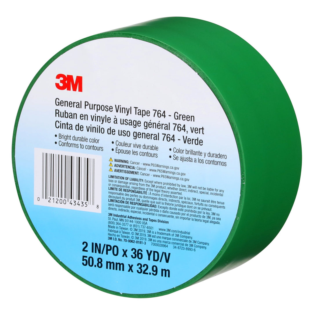 3M General Purpose Vinyl Tape 764, Green, 3 in x 36 yd, 5 mil, 12 Roll/Case
