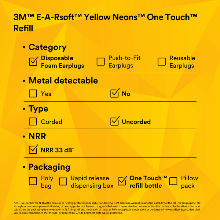 3M E-A-Rsoft Yellow Neons Earplugs 391-1005, Uncorded