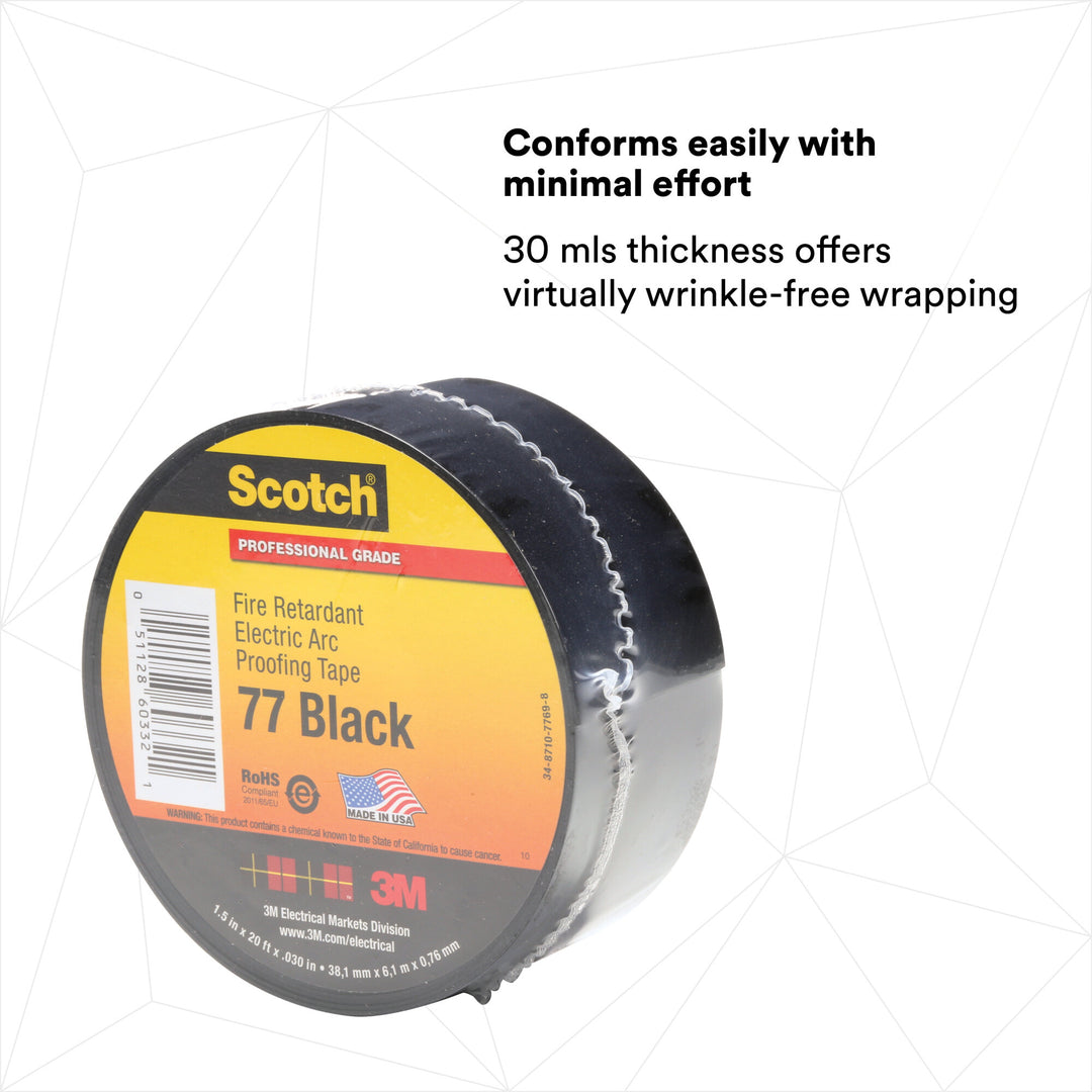 Scotch® Fire-Retardant Electric Arc Proofing Tape 77, 1-1/2 in x 20 ft,
Black