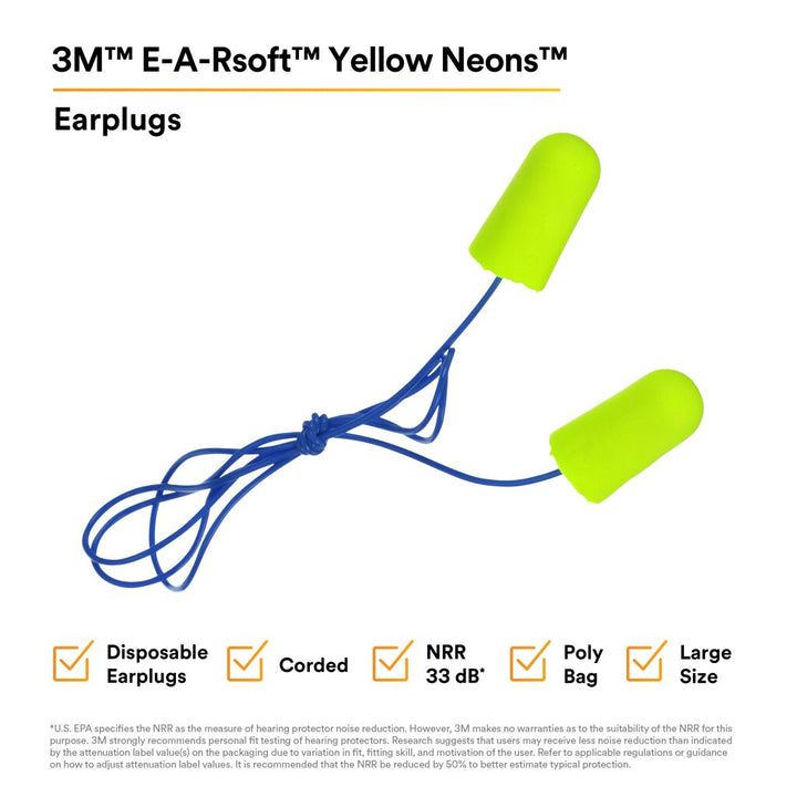 3M E-A-Rsoft Yellow Neons Earplugs 311-1251, Corded, Poly Bag, LargeSize