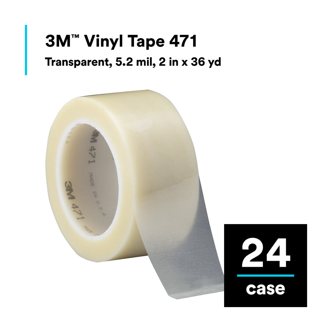 3M Vinyl Tape 471, Transparent, 2 in x 36 yd, 5.2 mil, 24 Roll/Case