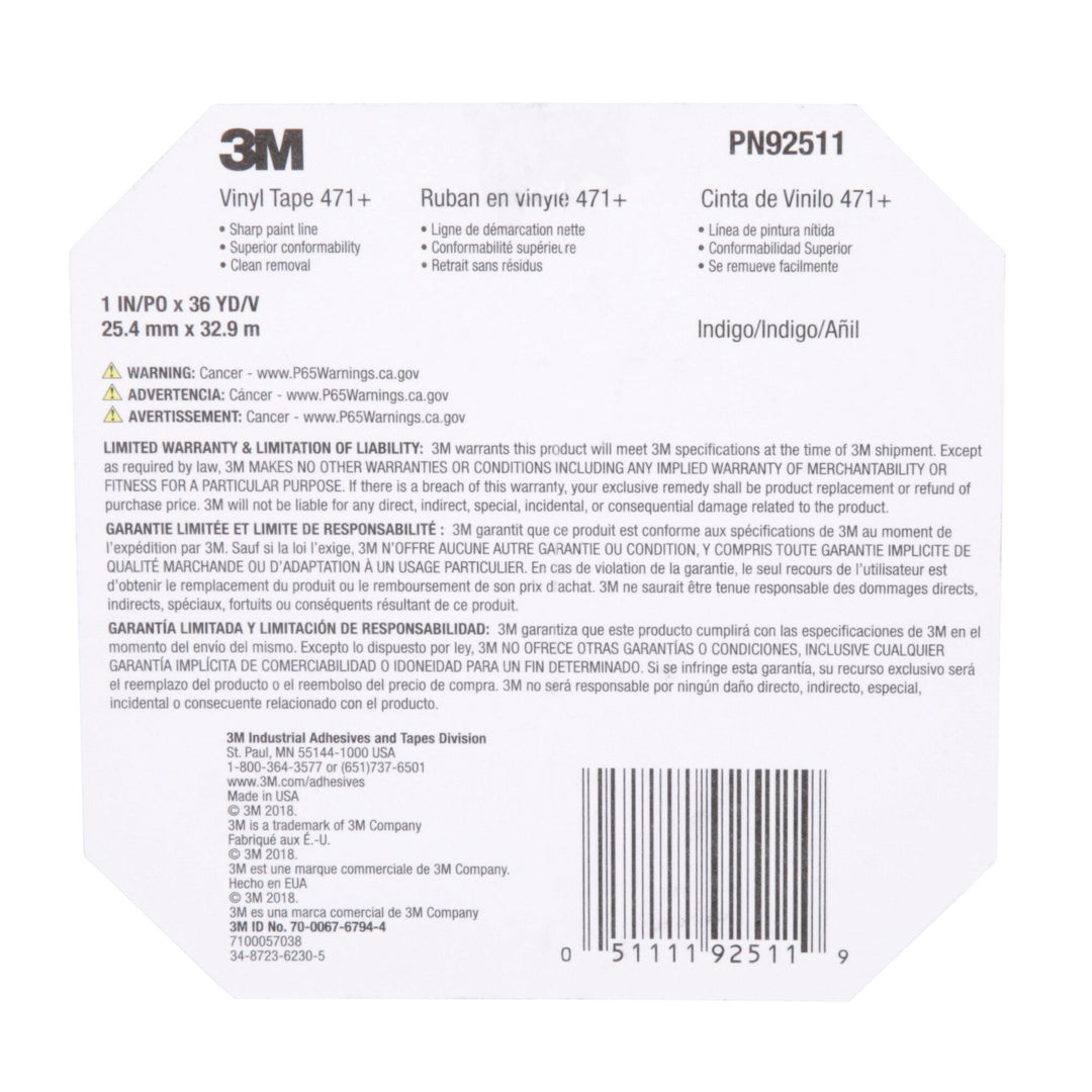 3M Vinyl Tape 471+, Indigo, 1 in x 36 yd, 5.3 mil, 36 rolls per case,PN2511