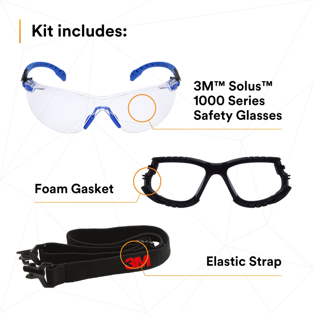 3M Solus Safety Glasses 1000-Series S1101SGAF-KT, Kit, Foam, Strap,Black/Blue