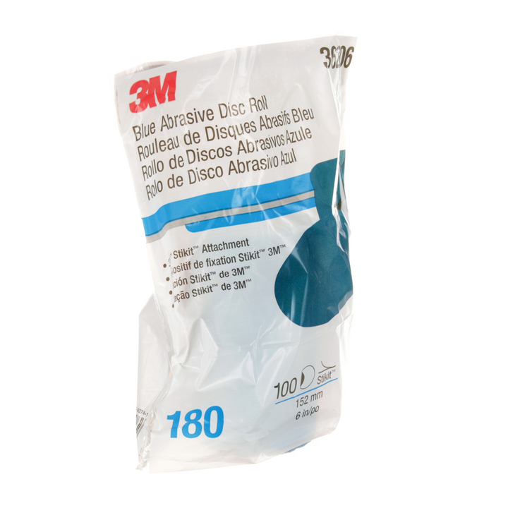 3M Stikit Blue Abrasive Disc Roll, 36206, 6 in, 180 grade, 100 discs
per roll
