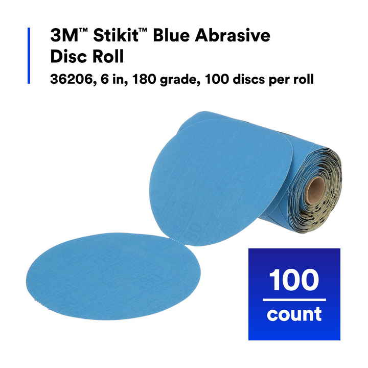 3M Stikit Blue Abrasive Disc Roll, 36206, 6 in, 180 grade, 100 discs
per roll