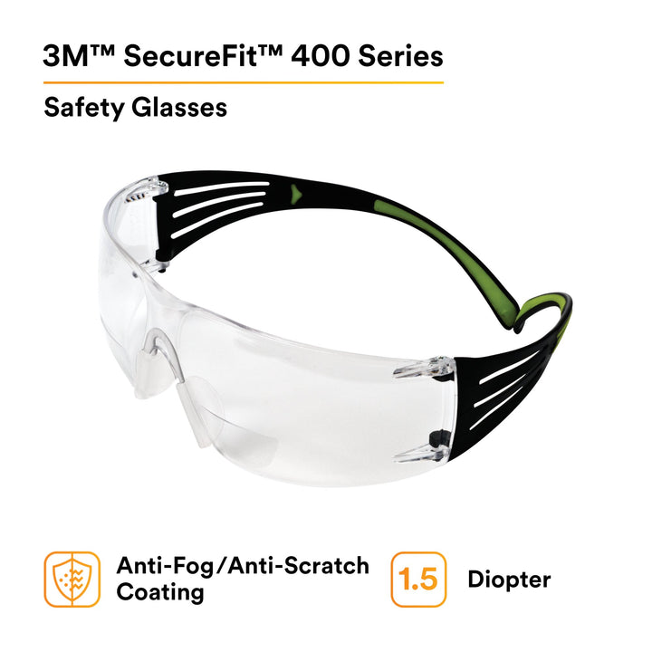 3M SecureFit Protective Eyewear SF415AF, Clear Lens, +1.5 Diopter