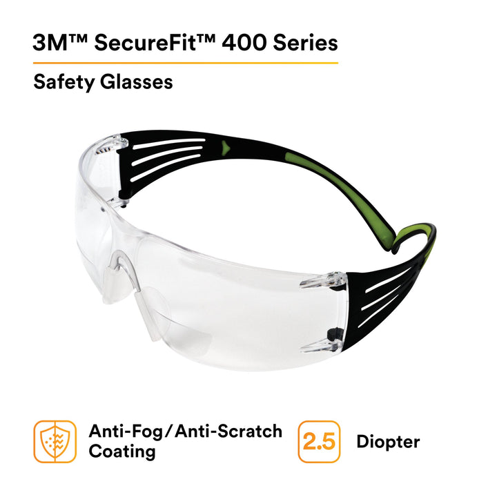 3M SecureFit Protective Eyewear SF425AF, Clear Lens, +2.5 Diopter