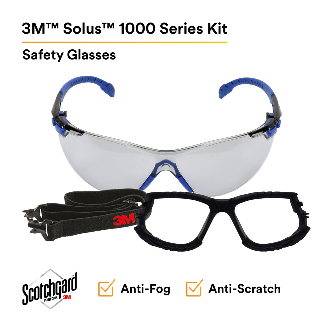 3M Solus 1000-Series Safety Glasses S1107SGAF-KT, Kit, Foam, Strap,BLU/BLK