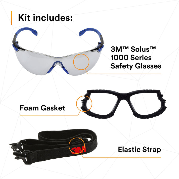3M Solus 1000-Series Safety Glasses S1107SGAF-KT, Kit, Foam, Strap,BLU/BLK
