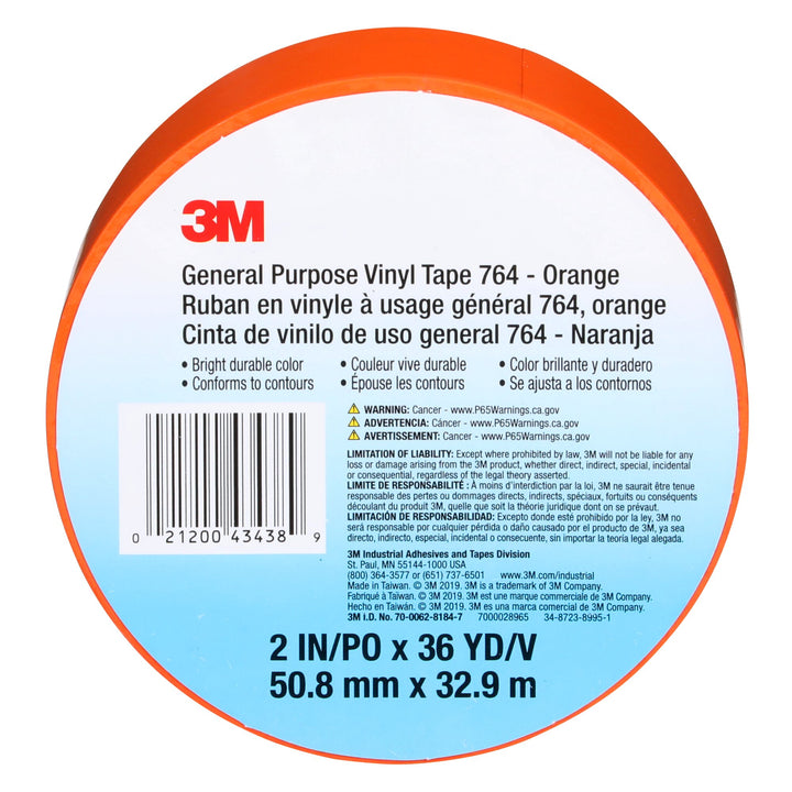 3M General Purpose Vinyl Tape 764, Orange, 3 in x 36 yd, 5 mil, 12 Roll/Case