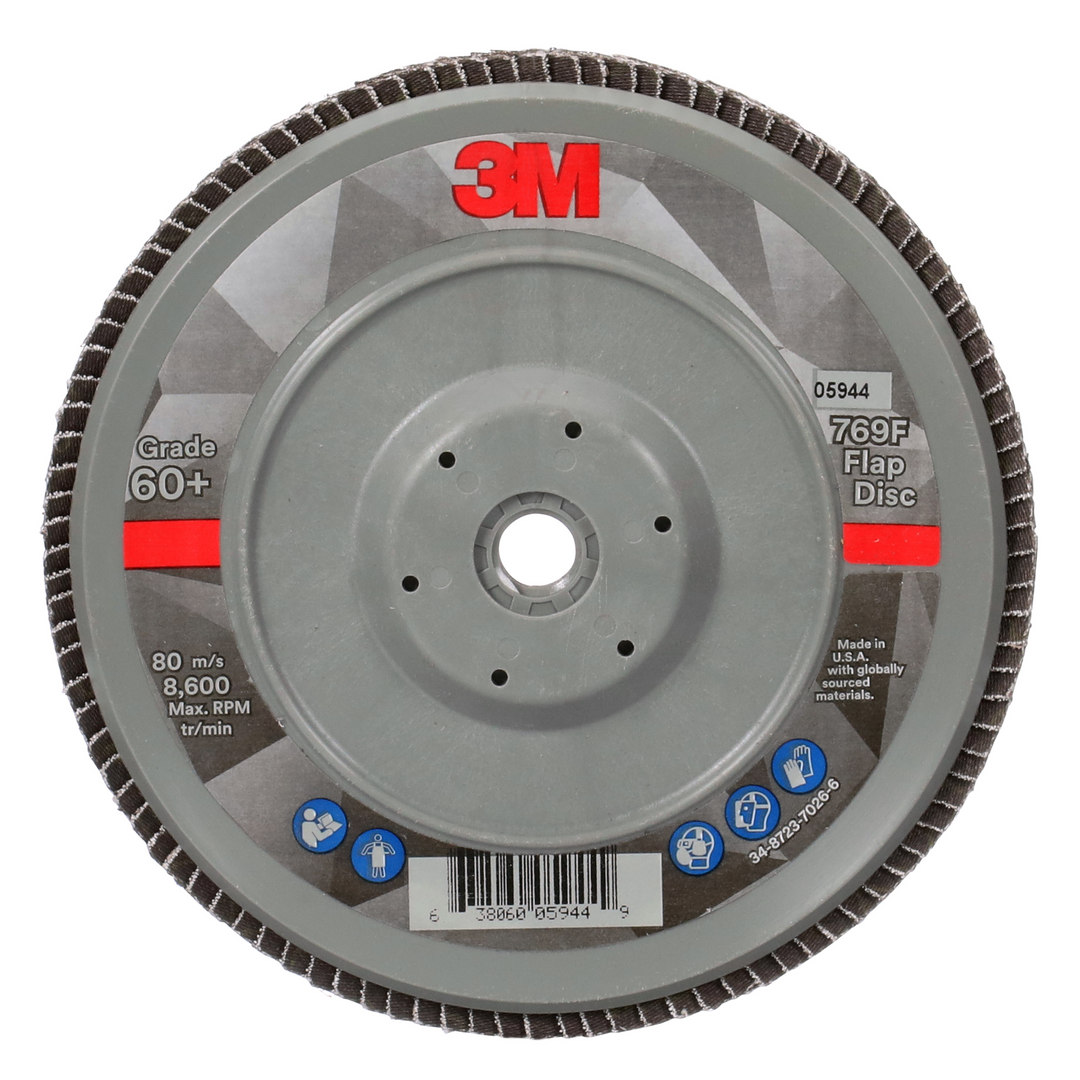 3M Flap Disc 769F, 60+, T29 Quick Change, 7 in x 5/8 in-11