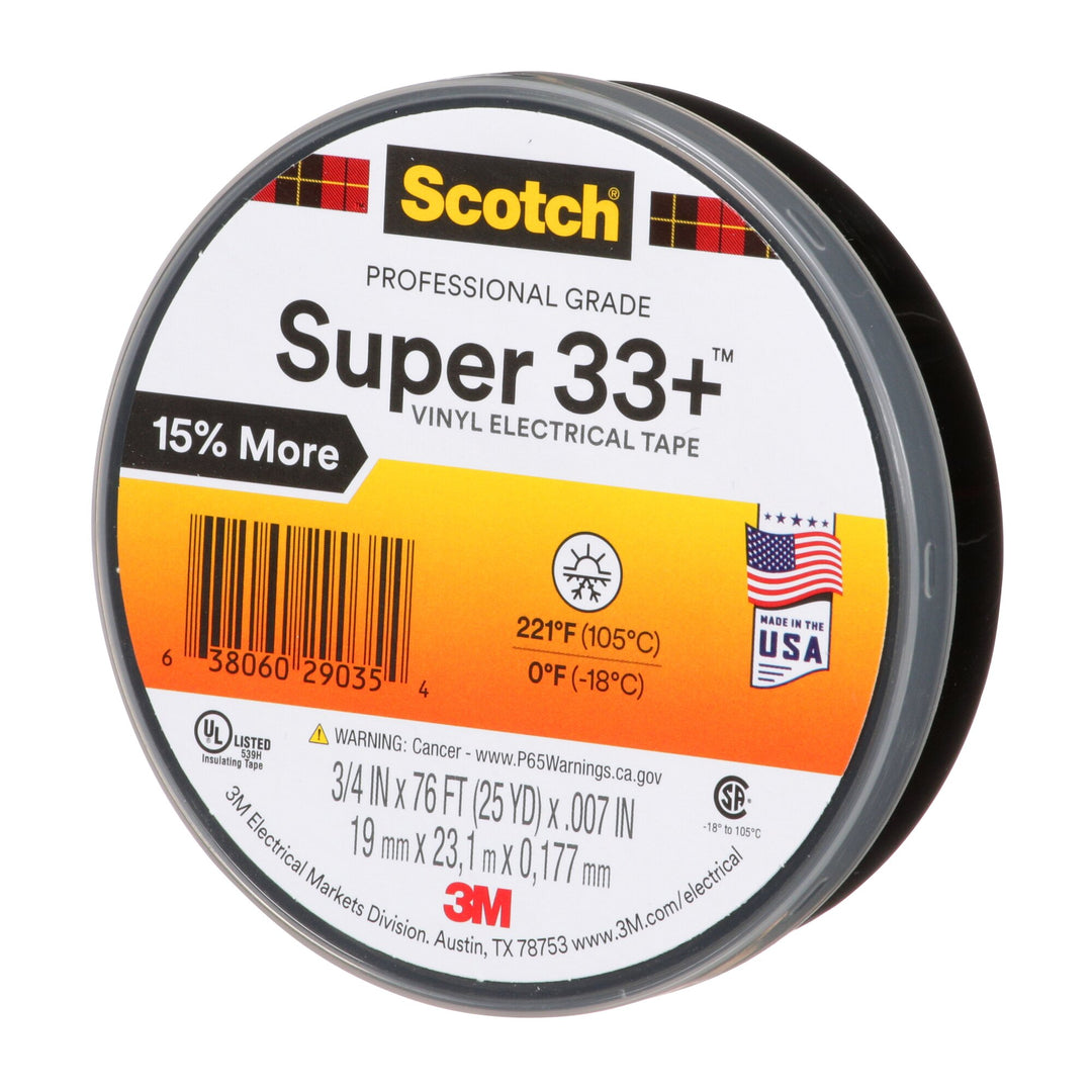 Scotch® Super 33+ Vinyl Electrical Tape, 3/4 in x 76 ft, 1 in Core,Black