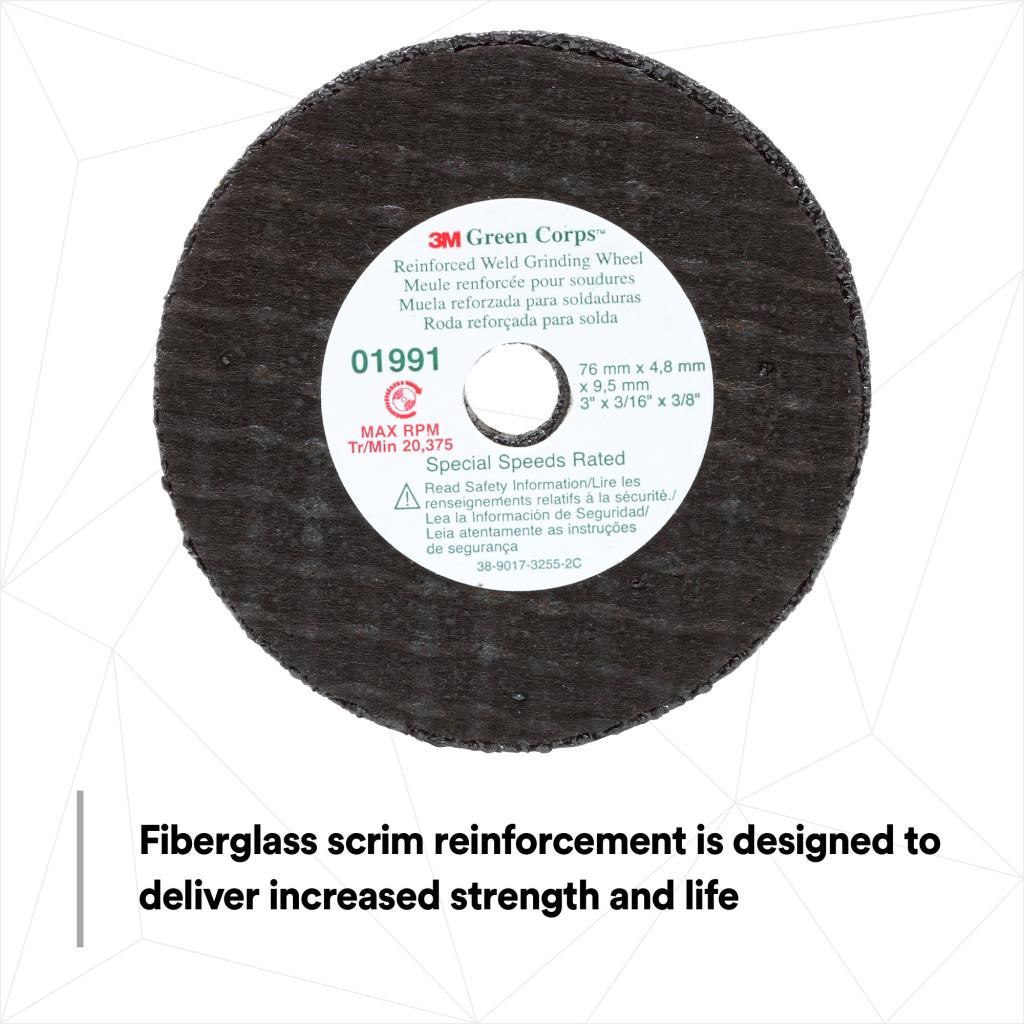 3M Green Corps Reinforced Weld Grinding Wheel 01991, 3 in x 0.22 in x
3/8 in