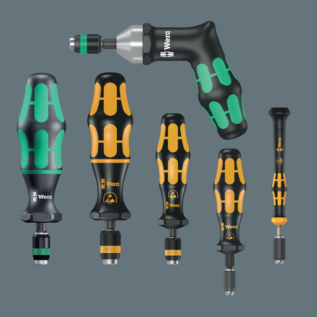 Wera Series 7400 ESD Kraftform pre-set, adjustable torque screwdrivers (0,1-1,5 Nm) with Rapidaptor quick-release chuck, handle size 89 mm, 7452 ESD x 0.9 Nm x 0.9-1.5 Nm