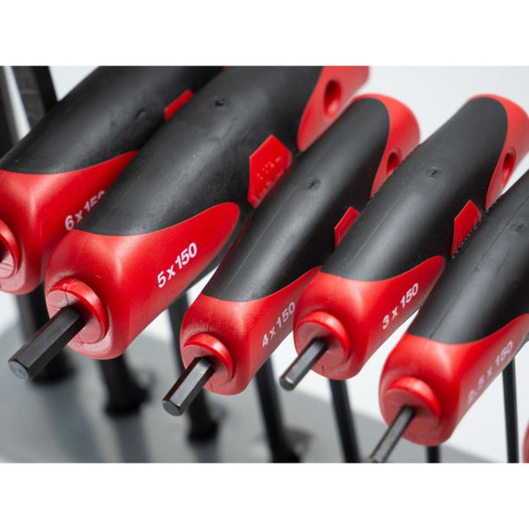 Wiha Tools 33489 Soft Grip Dual Drive Ball End Hex Metric Black Finish T-Handle Drivers, 8 Pc. Set in Metal Stand