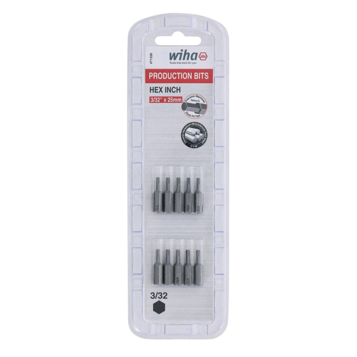 Wiha Tools 71330 Hex Inch Insert Bits, 3/32" x 25 mm, 10 Pk.