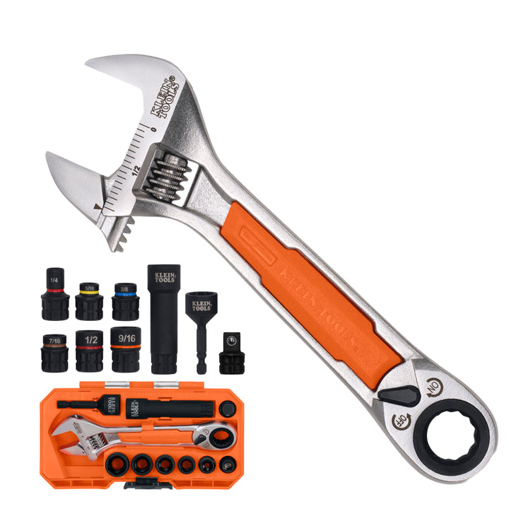 Klein Tools 5076RTK KNECT 6-Inch Adjustable Wrench with Pass-Through Ratchet Set, 10-Piece
