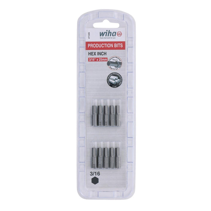 Wiha Tools 71345 Hex Inch Insert Bits, 3/16" x 25 mm, 10 Pk.