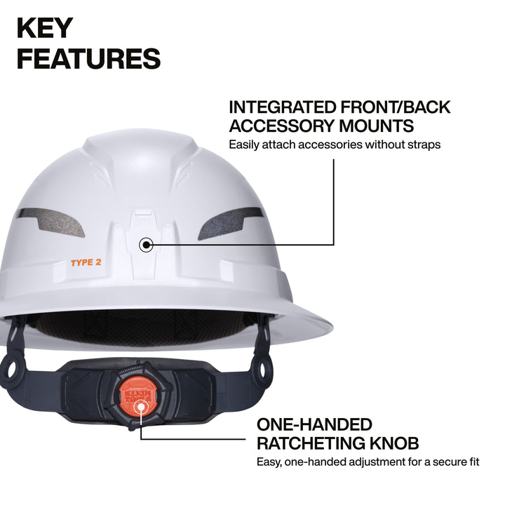 Klein Tools 60400T2CND Class E Type-2 Hard Hat, Non-Vented Full Brim, Strap, White, SHELL ONLY