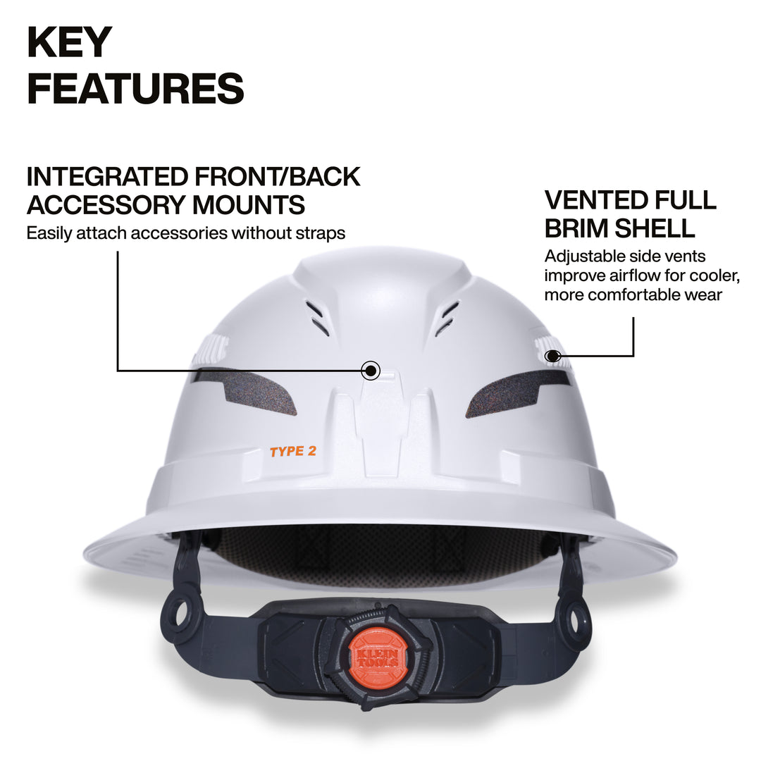 Klein Tools 60407T2RL Type-2 Hard Hat, Vented Full Brim with Rechargeable Headlamp, White