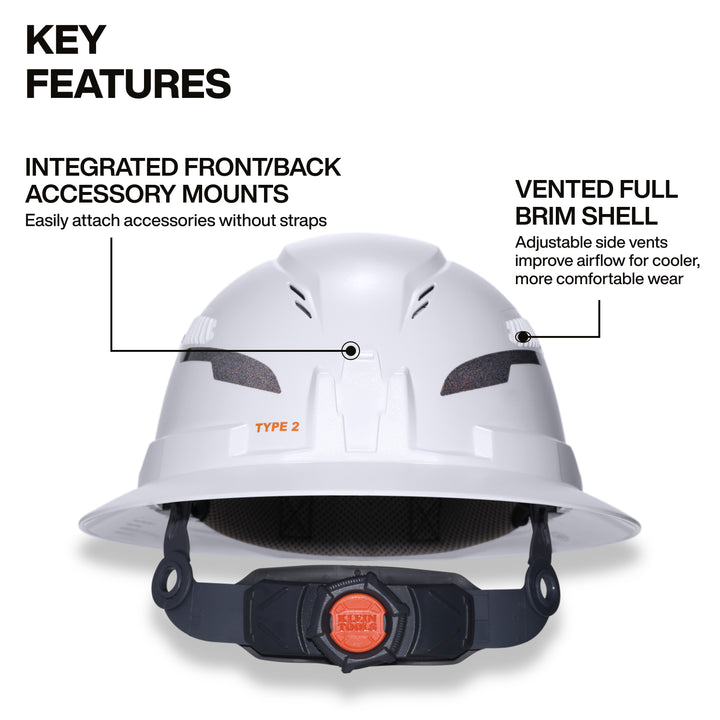 Klein Tools 60407T2RL Type-2 Hard Hat, Vented Full Brim with Rechargeable Headlamp, White