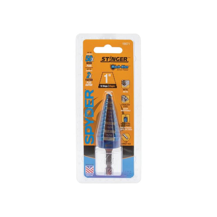 Spyder 19071 Stinger Mach-Blue 8 Step Bit, Hex Shank, 1/4 Inch - 1 Inch