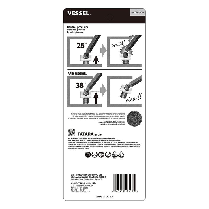 Vessel Tools 8209BPU Ball Point Hex L-Key Wrench Stubby 9 Piece Set