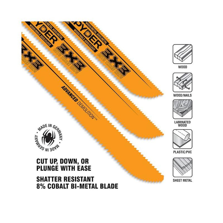 Spyder 200228 3x3 High Speed Steel Wood Cutting Demolition Reciprocating Saw Blade (5-Pack)