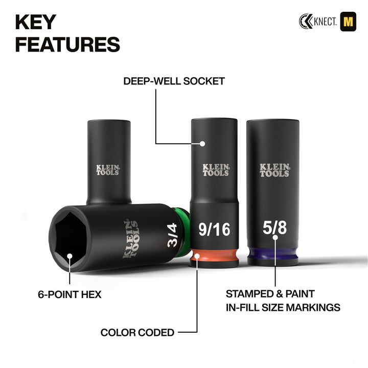 Klein Tools 65109IMPCT KNECT Deep-Well 3/8" Drive Impact Socket Set, SAE, 9 Pc.
