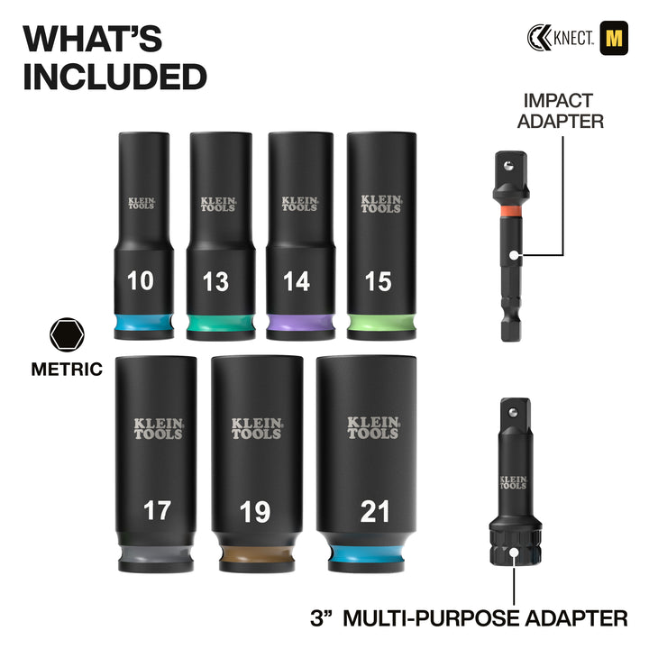 Klein Tools 65109IMPCTM KNECT Deep-Well 3/8" Drive Impact Socket Set, Metric, 9 Pc.