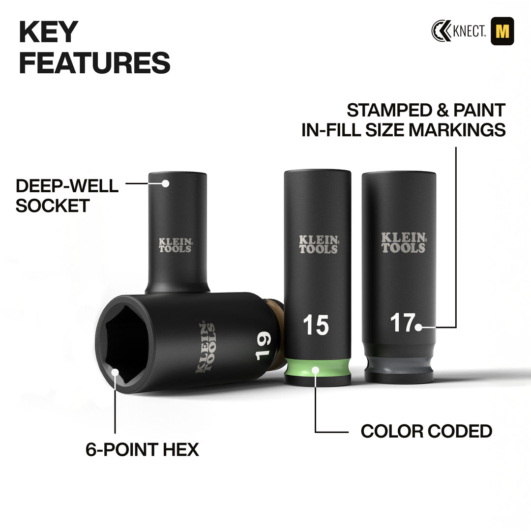 Klein Tools 65109IMPCTM KNECT Deep-Well 3/8" Drive Impact Socket Set, Metric, 9 Pc.