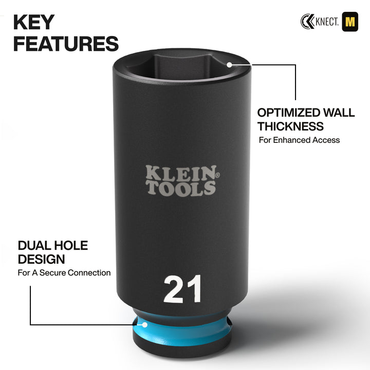 Klein Tools 65109IMPCTM KNECT Deep-Well 3/8" Drive Impact Socket Set, Metric, 9 Pc.