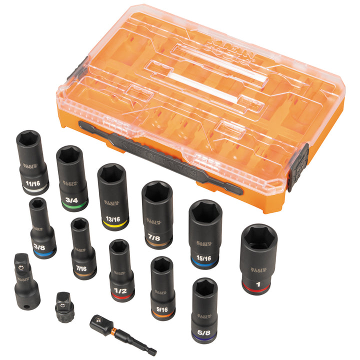 Klein Tools 65111IMPCT KNECT 1/2" Drive Deep Well Impact Socket Set, SAE, 14 Pc.