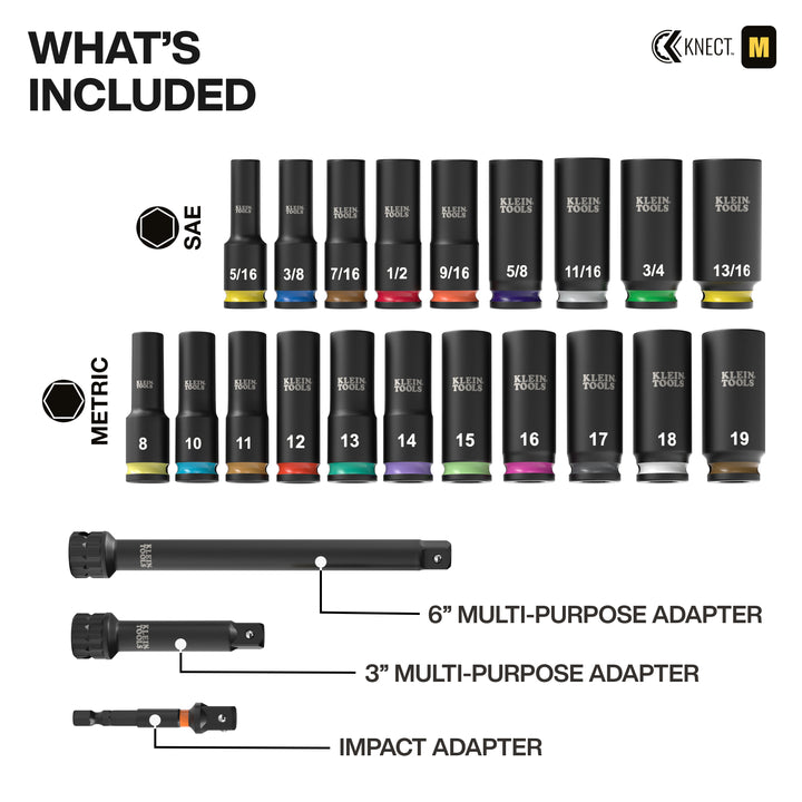 Klein Tools 65121IMPCT KNECT Deep-Well 3/8" Drive Socket Set, SAE and Metric, 23 Pc.