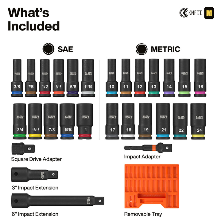 Klein Tools 65123HD KNECT 1/2" Deep-Well Impact Socket Set, SAE / Metric, 28 Pc.