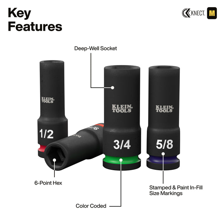 Klein Tools 65123HD KNECT 1/2" Deep-Well Impact Socket Set, SAE / Metric, 28 Pc.
