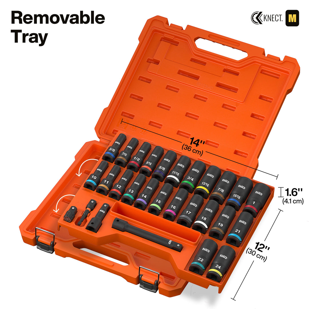 Klein Tools 65123HD KNECT 1/2" Deep-Well Impact Socket Set, SAE / Metric, 28 Pc.