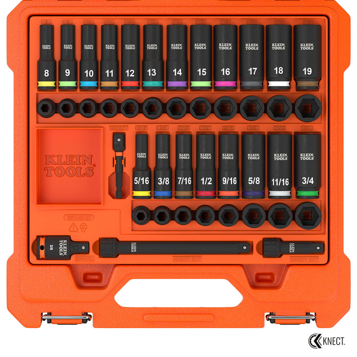 Klein Tools 65148HD KNECT 3/8" Deep and Shallow Impact Socket Set, SAE / Metric, 44 Pc.