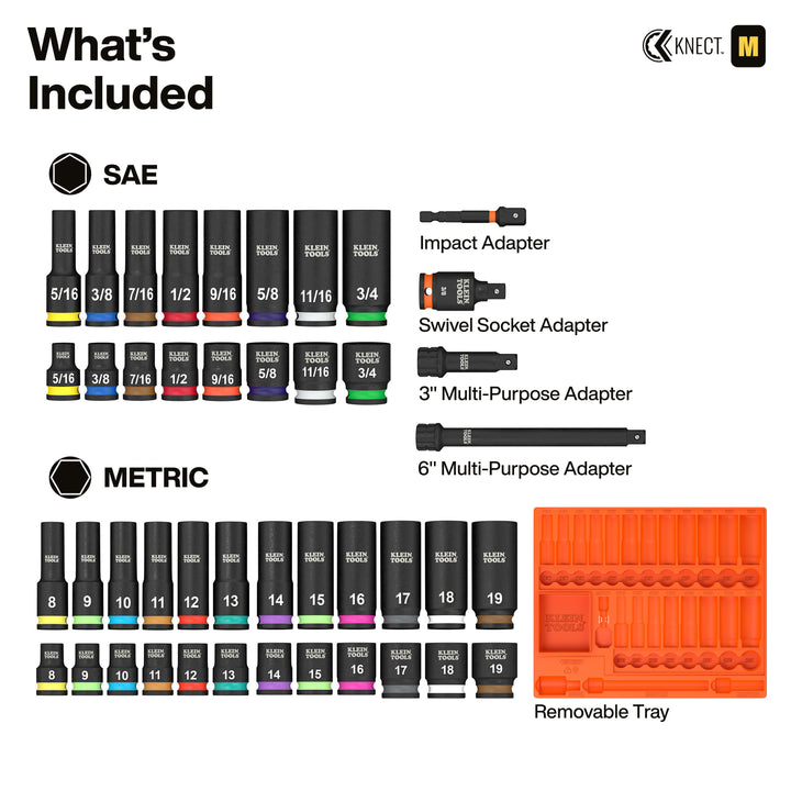 Klein Tools 65148HD KNECT 3/8" Deep and Shallow Impact Socket Set, SAE / Metric, 44 Pc.