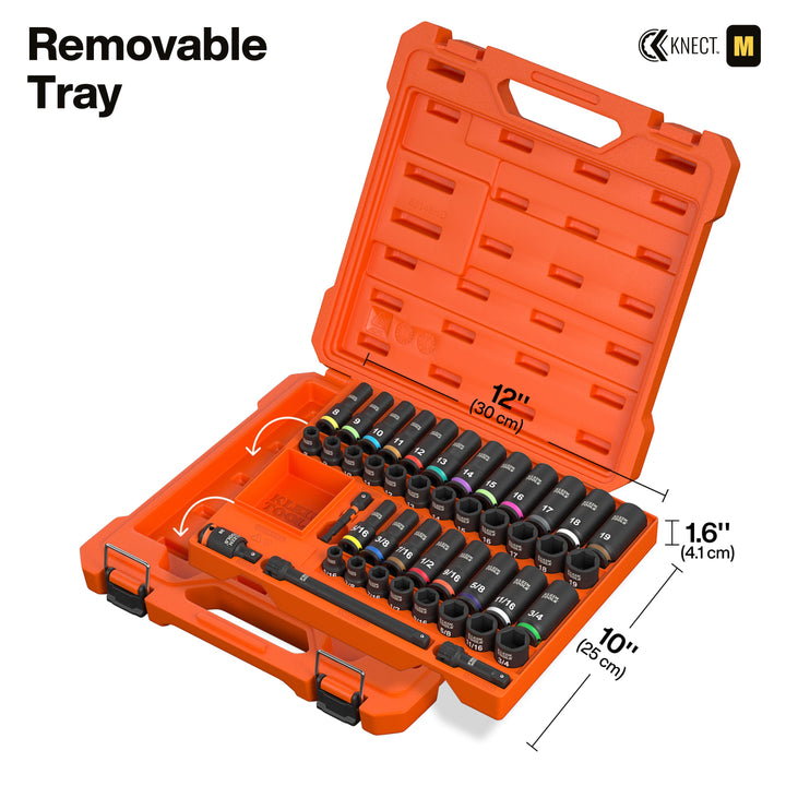 Klein Tools 65148HD KNECT 3/8" Deep and Shallow Impact Socket Set, SAE / Metric, 44 Pc.