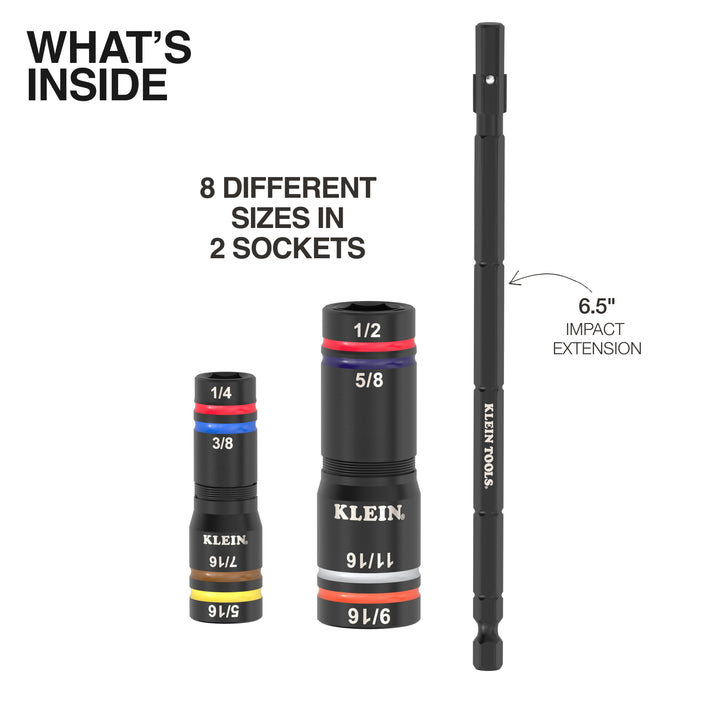 Klein Tools 652QS Quad-8 Deep-Well Heavy-Duty Impact Flip Sockets, SAE, 3 Pc.