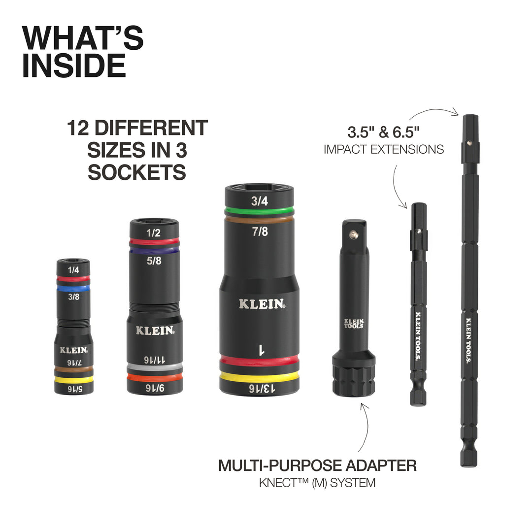 Klein Tools 653QS KNECT Quad-12 Deep-Well Heavy-Duty Impact Flip Sockets, SAE, 6 Pc.