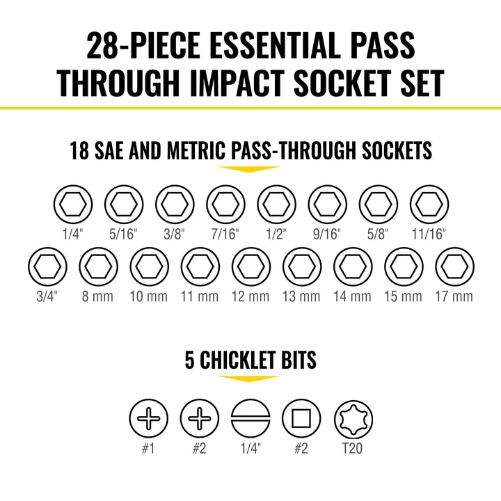 Klein Tools 65400KNECT KNECT Essential Pass Through Impact Socket Set, SAE and Metric, 28 Pc.