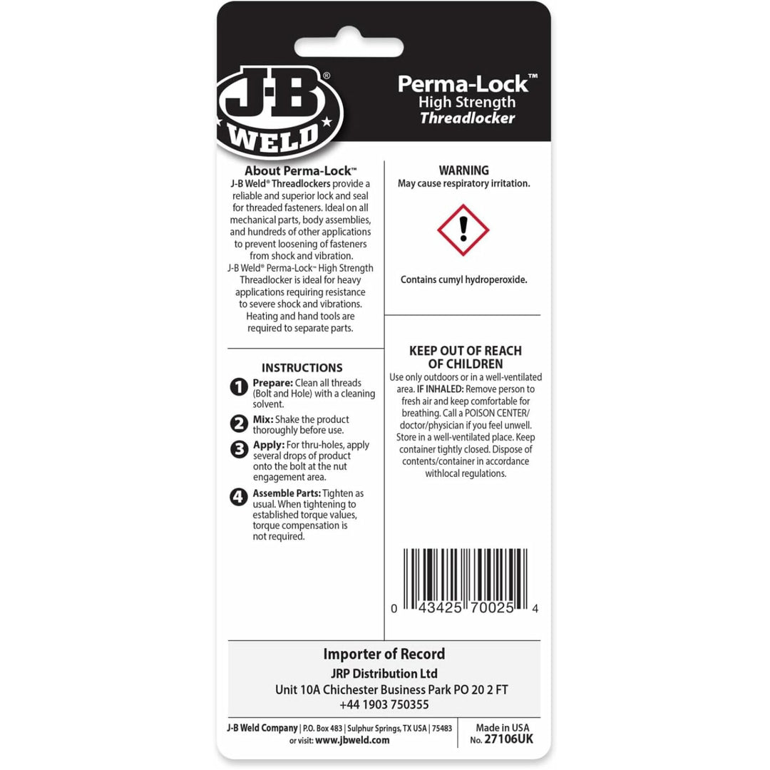 J-B Weld 27106 Perma-Lock High Strength Threadlocker - Red - 6 ml