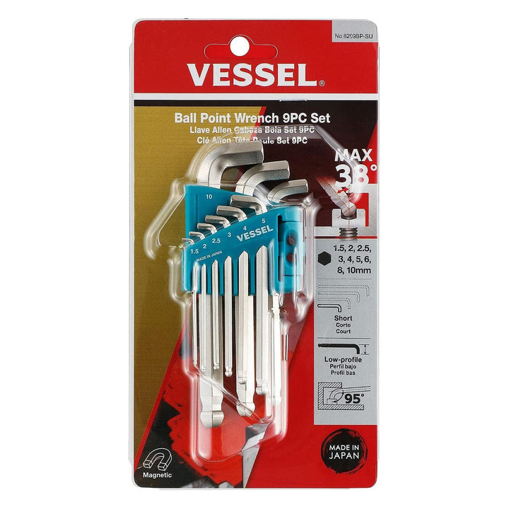 Vessel Tools 8209BPSU Ball Point Hex L-Key Wrench Stubby 9 Piece Set