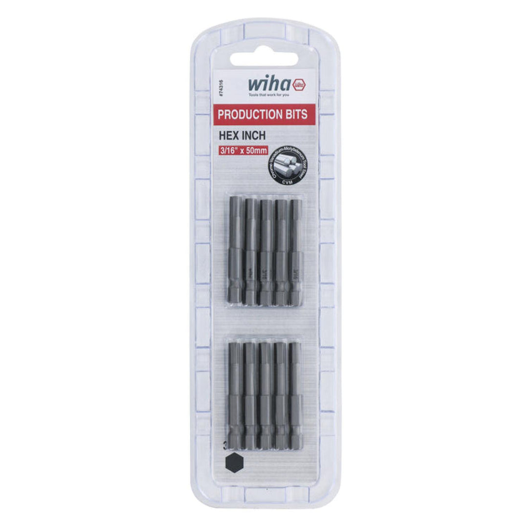 Wiha Tools 74316 Hex Inch Power Bit, 3/16" x 50 mm, 10 Pk.