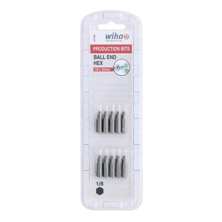 Wiha Tools 71703 Ball-End Hex inch Insert Bit, 1/8" x 25mm, 10 Pieces