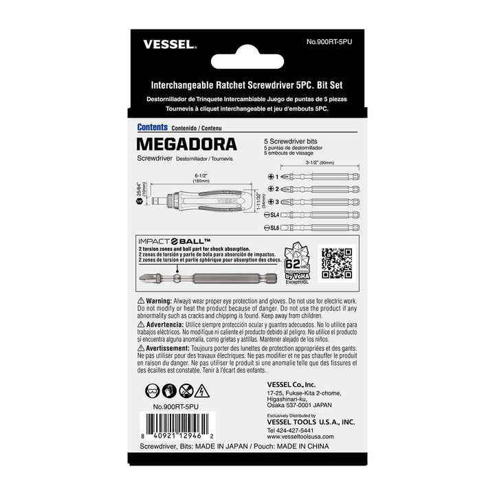 Vessel Tools 900RT5PU MEGADORA Interchangeable Ratchet Screwdriver, 5 Pc.