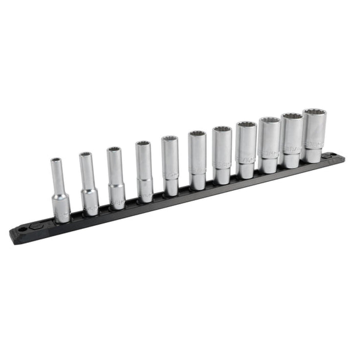 Wiha Tools 33792 3/8" Inch Drive 12 Point Deep Socket Set, 1/4" to 7/8" with Ratchet and Extensions, 15 Pc.